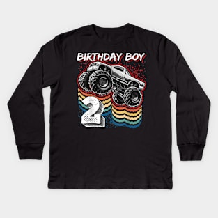 Birthday Boy 2 Monster Truck 2nd Birthday Retro Vintage Gift Kids Long Sleeve T-Shirt